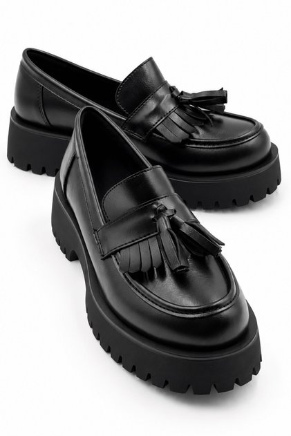 Nastia Women's Black Leather Tasseled Thick Threaded Sole Oxford Loafer Masculine Casual Shoes 5 cm Heel