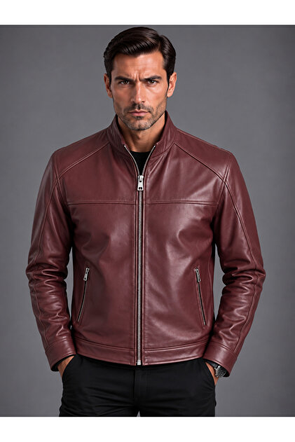 Hakim Yaka Burgundy Genuine Men's Leather Jacket