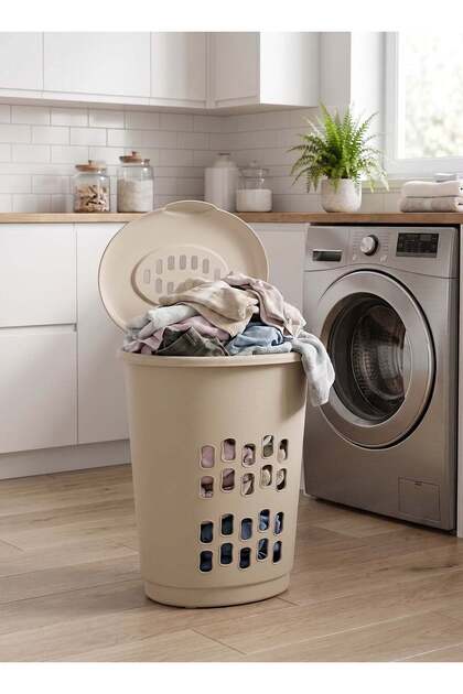 Well-ventilated plastic laundry basket with a secure lid–suitable for bathrooms, laundry rooms , Beige - 43L x 33W x 58H cm