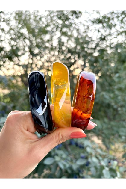 3'lü Akrilik Siyah-Sarı-Kehribar Rengi Köşeli Model Bilezik Bileklik Seti (İÇ ÇAP 6,1CM)
