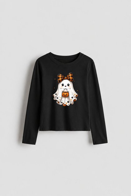 Halloween Halloween Ghost Printed Black Crew Neck Long Sleeve Kids Blouse T-Shirt T-Shirt