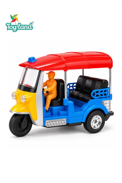Battery Operated Auto Rickshaw Toy with Driver Figure, Flashing Top Light & IC Sound, Bump & Go Action, 3-Wheel Tuk Tuk Vehicle, Realistic Design, Pretend Play Toy for Kids Ages 3+