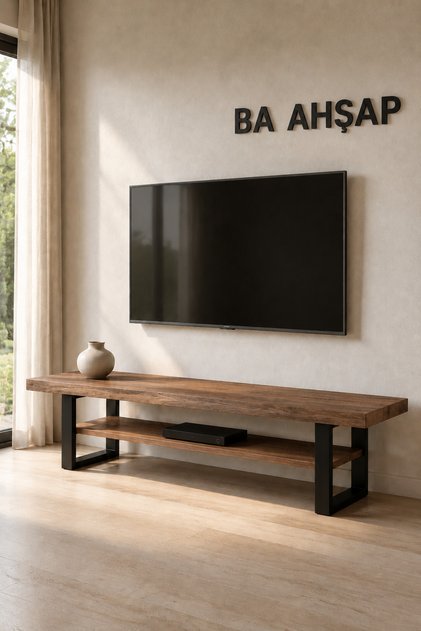 Metal Ayaklı Ceviz Renk Çam Raflı TV Ünitesi 200x50x35_PP1-01