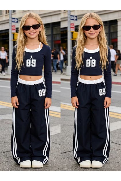 Children's 89 Star Printed Self-Strapped Blouse and Stripe Detailed Sweatpants 2-Piece Set Top and Bottom Set