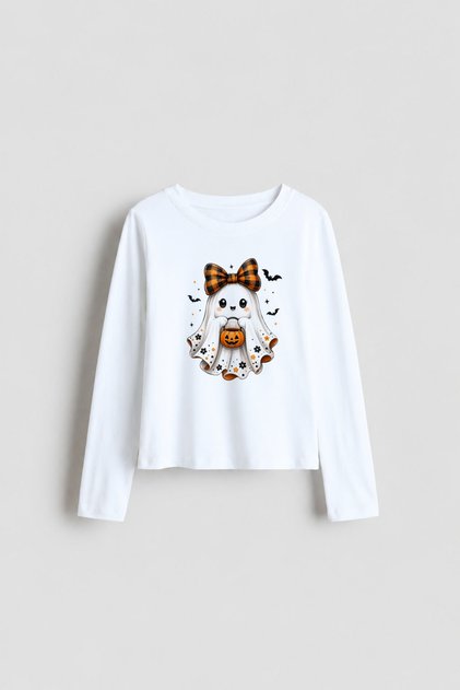 Halloween Halloween Ghost Printed White Crew Neck Long Sleeve Kids Blouse T-Shirt T-Shirt