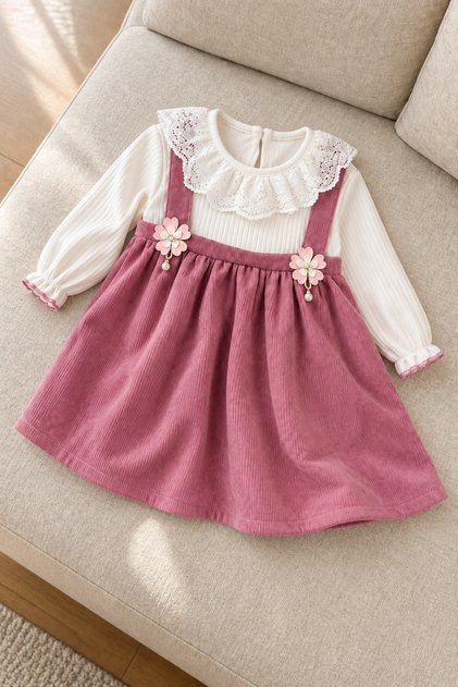 Baby Girl Dress Set Lace Collar Floral Detailed Suspender Skirt Dress Long Sleeve 6 9 12 18 24 Months