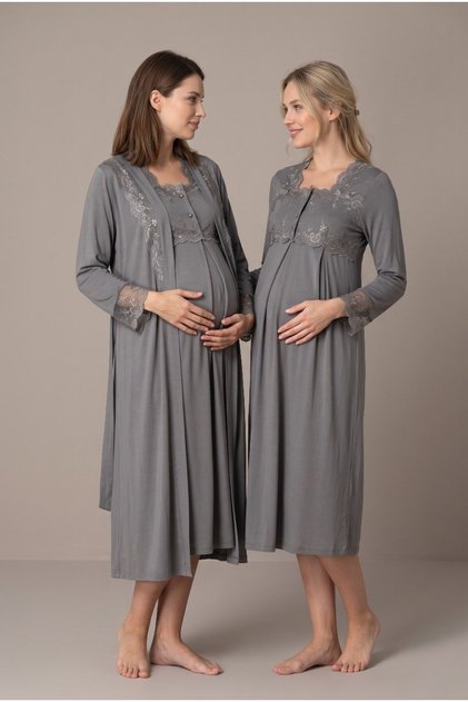 Women's Smoked Lace Long Sleeve Maternity Nightgown Set with Easy Nursing Features and Robe