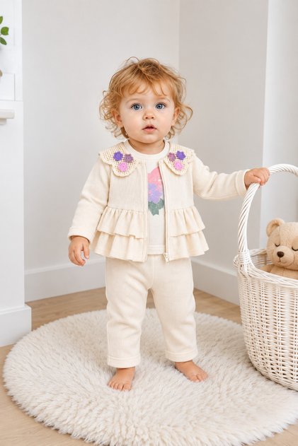 Baby Girl Set Floral Detailed Ruffled 3-Piece Jacket Bottom Top Set Children's Set 6 9 12 1 8 24 Months