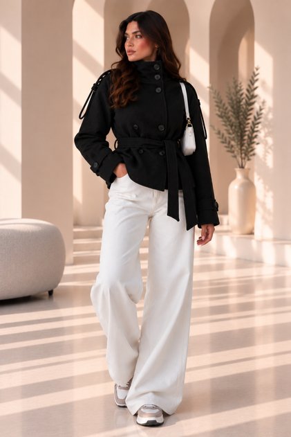Women's Stand Collar Belted Buttoned Short Cashmere Coat