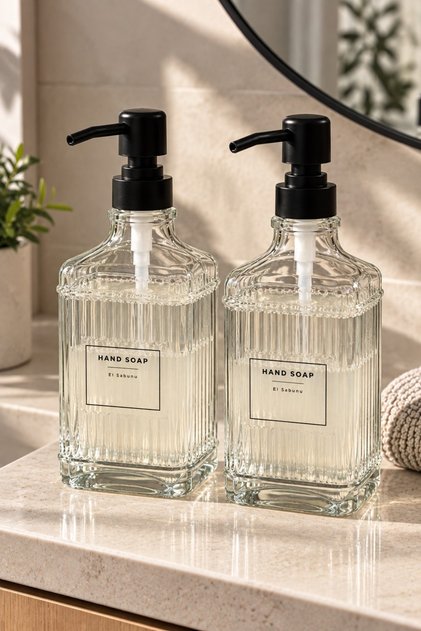 Striped Glass Soap Dispenser Set of 2 – Liquid Soap and Detergent Dispenser, with Black Pump