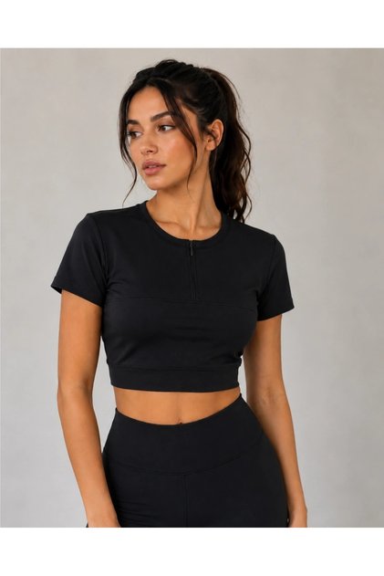 Women's Black Half Zipper Short Sleeve Sports Crop Top