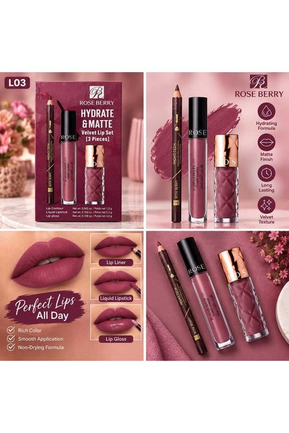 Rose Berry Hydrate & Matte Velvet Lip Makeup Set – 3 Piece Lip Contour, Liquid Lipstick & Lip Glaze LO3