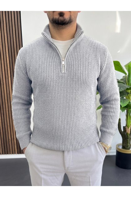 Men's Zippered Knitted Sweater Light Gray Edw509
