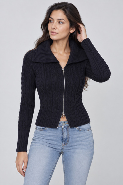 Women's Wide Collar Double Zipper Hair Braided Cardigan