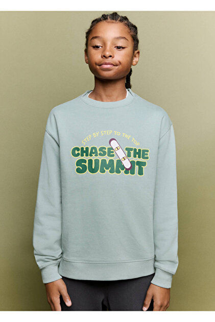 Pamuklu snowboard desenli ve mesaj yazılı sweatshirt