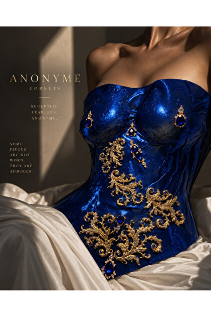 Anonyme Corset Bleu Royal Sculptural cu Detalii Aurii și Cristale