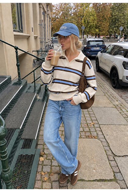 Istanbul Women's Ecru Polo Collar Oversize Striped Knitwear Sweater