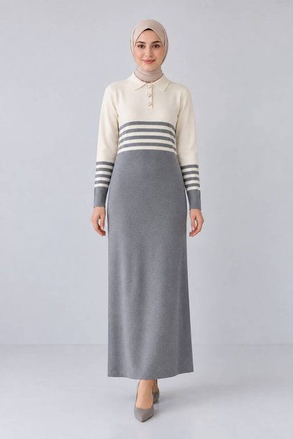 Women's striped detail polo collar knit dress