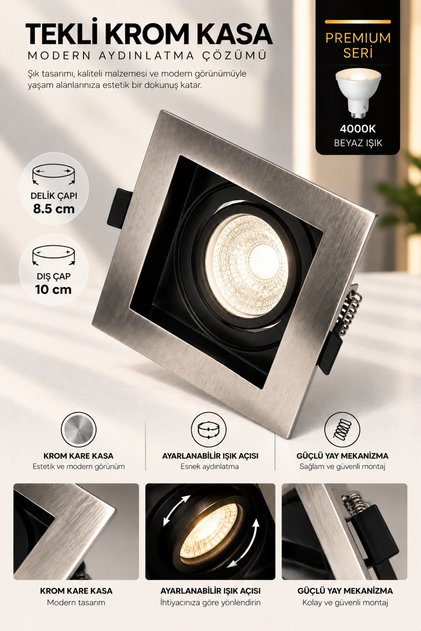 Krom Kare Spot | 4000K Günışığı Ampüllü | Aluminyum Kasa | Premium Sınıf | KDA845 CT-5225 |