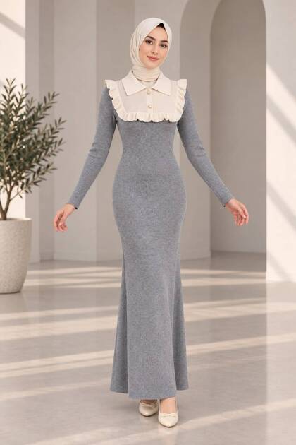 Women's Polo Collar Tricot Dress with Ruffle Detail