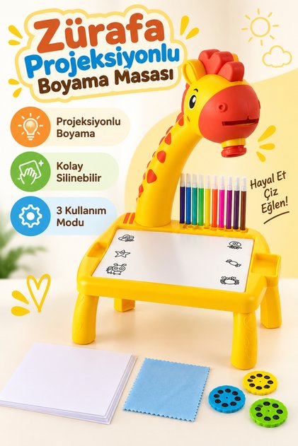 Zürafa Projeksiyonlu Boyama Masası Müzikli Silinebilir Çocuk Çizim Aktivite Masası