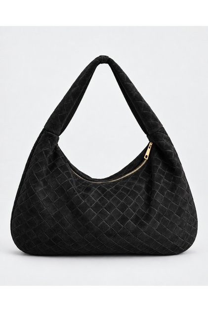 Black Women's Genuine Suede Knitted Textured Shopper Shoulder Bag