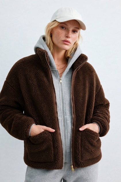 Women's Square Pocket Detailed Zippered Plush Coat - Bitter Brown