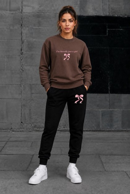 Women's Oversize Crew Neck Sweatshirt Tracksuit Set Casual Comfortable Cut Printed 2-Piece Set with Written Text and Ribbon Print