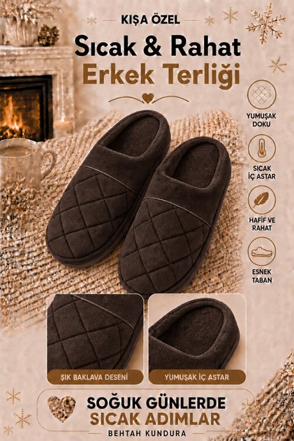 Embroidered Velvet Men's Closed Front Winter Slippers Daily Indoor Slippers Dowry Bohça