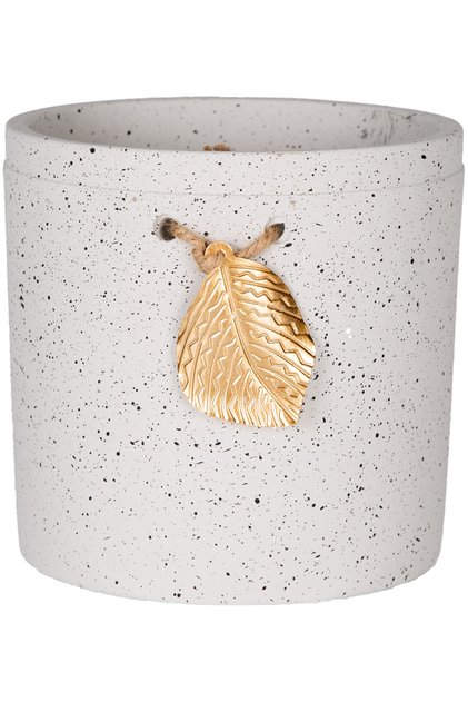 Seramik Saksı, Gold Yaprak Aksesuarlı, Beyaz - 13,5x13 cm