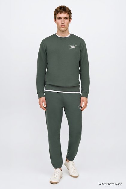 Men's Green Cotton Standard Fit Regular Cut Crew Neck Skinny Leg Sweatpants Set