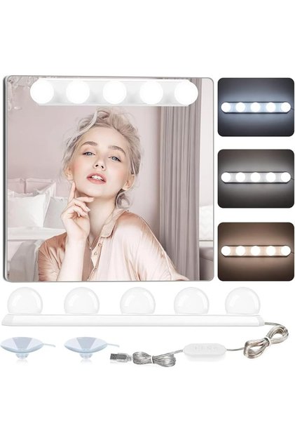 أضواء الزينة، مجموعة إضاءة LED لاصقة للمرآة مع 5 مصابيح، أضواء مكياج قابلة للتعتيم لطاولة الزينة
