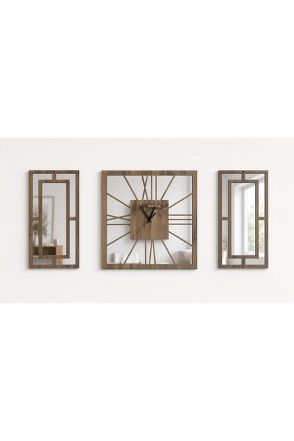 Seria PRİZMA Nuc închis la culoare Set ceasuri de perete din plexiglas cu oglindă, 3 piese, 40 cm (Auriu/Argintiu)