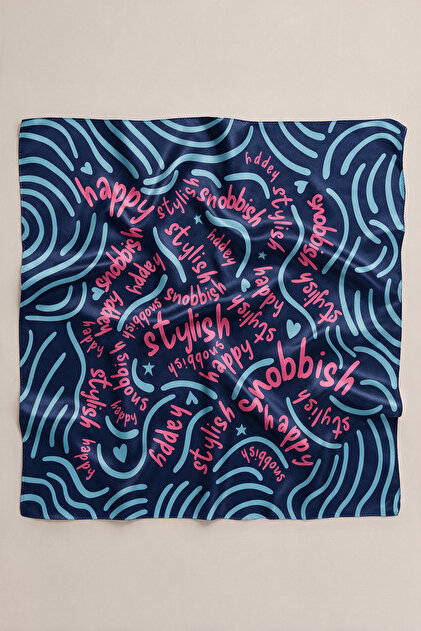 Lacivert Fuşya Slogan Dalgası Desen Fular Bandana 50x50 Cm