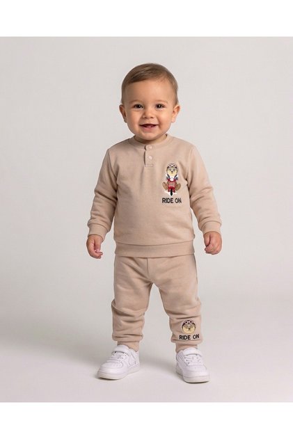 Baby Boy Winter 3 Thread Yarn Rastered Ride on Printed 6-9-12-18-24 Months 2-Piece Top and Bottom Set