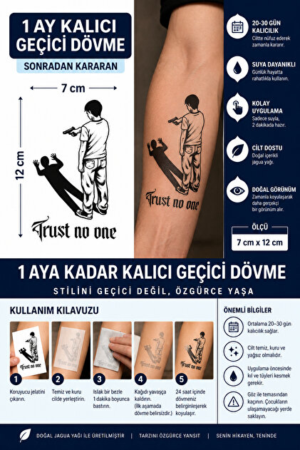 1 Ay Kalıcı 24 Saat Sonra Kararan 7x12 cm Orta Boy Trust no one (Kimseye güvenme) yazılı model Geçici Dövme Tattoo