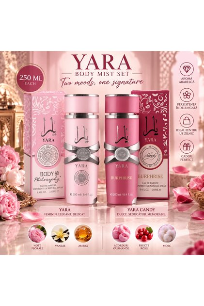 Комплект от 2 боди парфюма Mist YARA + YARA Candy 250 мл – дамски парфюм за тяло, арабски, сладък и флорален