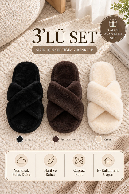 Black - Cream - Bitter Brown Cross-Strapped Furry 3-Piece House Slipper Set Byndset01
