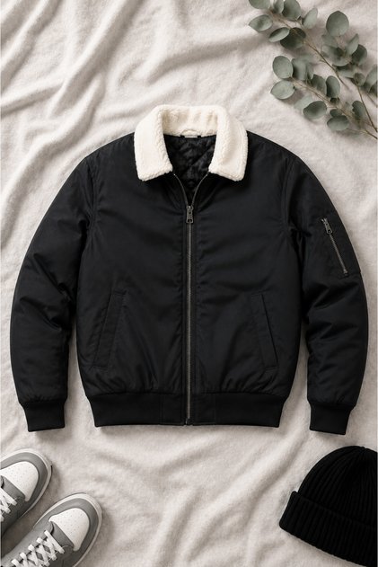 Fur Detailed Collar Zippered Winter Bomber Jacket