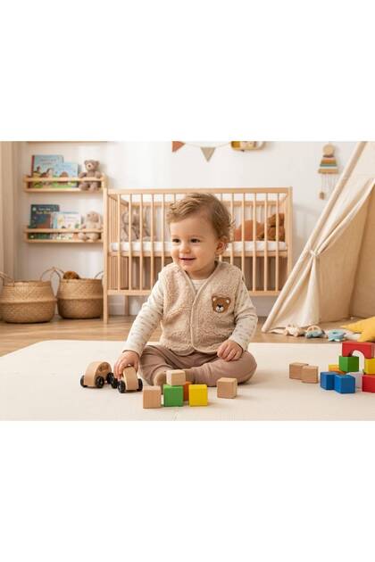 Baby Plush Vest with Punch Teddy Bear Embroidery - Beige Light Brown