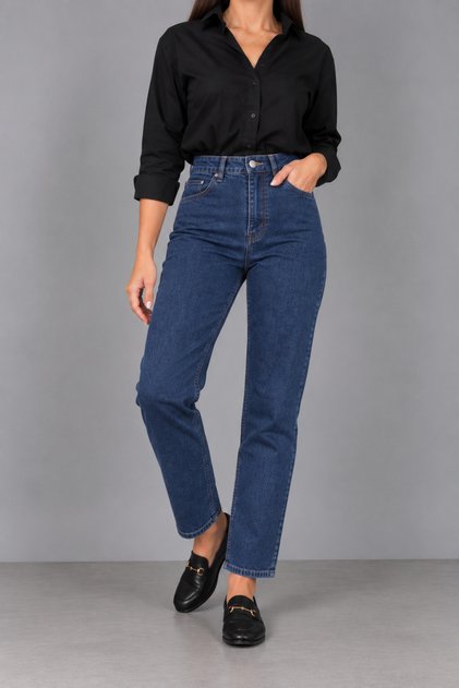 Gabriela Women's Dark Blue Mom Lycra High Waist Denim Trousers Trend Jean