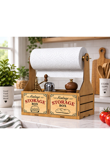 🪵 Wooden Paper Towel Holder | 2-Compartment Kitchen Organizer | Paper Towel Stand with Shelf 30X25 cm