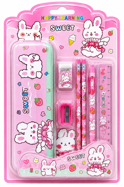 School Supplies Kids Stationery Set - Pink Rabbit Design Looster Time