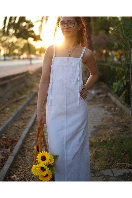 Long Canvas Denim Dress with Front Pockets and Straps