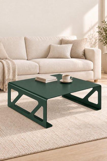 Kare Çelik Orta Sehpa - 80x80 cm - Geometrik Kesim Çelik Gövdeli Modern Sehpa - Metal Salon Sehpası