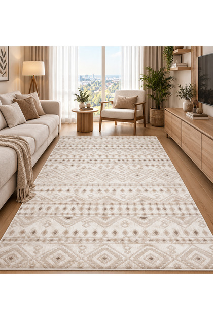 Bohem Etnik Geometrik Desenli Bej Beyaz Kaymaz Taban Halı – Modern Dekoratif Salon, Oturma Odası, Antre ve Yatak Odası Halısı
