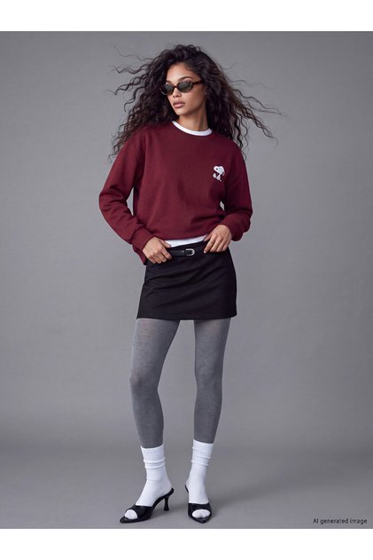 Xside Burgundy Snoopy Printed Oversize Women's Sweatshirt