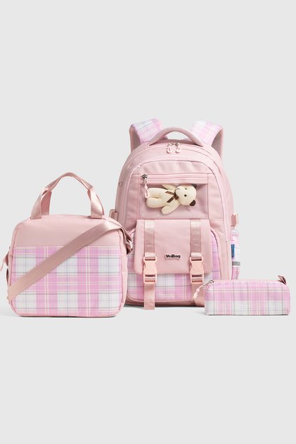 Celdor 3-Piece School Bag Set - Plush Teddy Bear, Orthopedic Backpack, Thermal Lunch Bag and Pencil Case, Pink