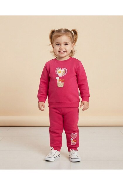 Baby Girl Winter 3-Yarn Embroidered Heart and Duck Embroidery Set, 6-9-12-18-24 Months, 2-Piece Top and Bottom Set