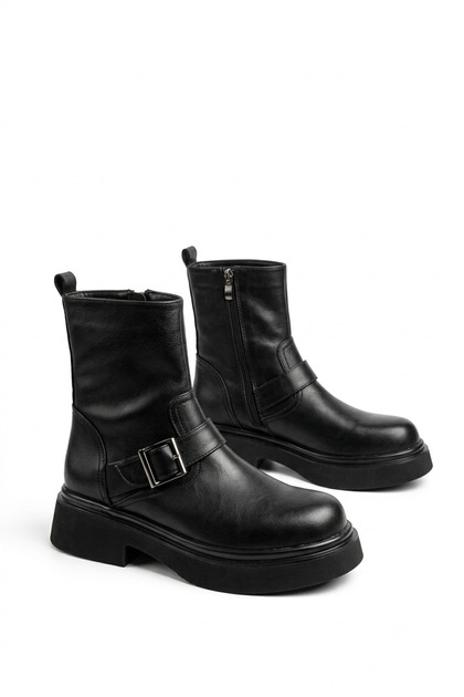 Women's Black Leather Buckle-Detail Thick-Sole Boots Un001-0810